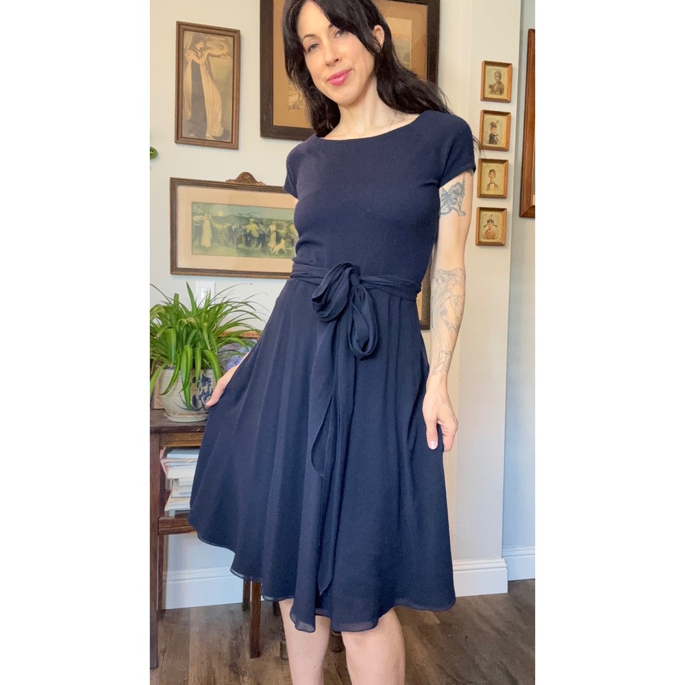 Vintage 80s 90s Designer Heidi Weisel Navy Blue Fit Flare Dress silk cashmere
